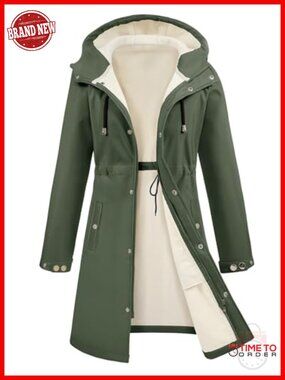 Waterproof Fleece Lined Long Rain Jacket Insulated Windbreaker Hooded